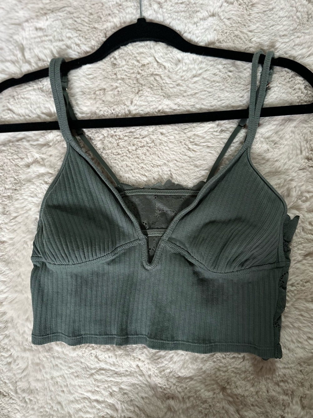 aerie Ribbed Lace-Trim Crop Bralette in Sage